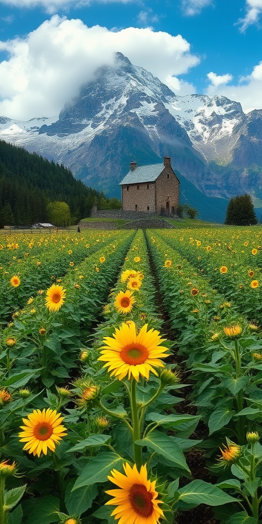 This is a real landscape photo, presenting a huge maze of plants in front of us. At the exit of the maze in the distance, there is a bluish gray stone castle built under the mountain range, with thick snow on the mountaintop and clouds floating on the mountainside. sunflower.