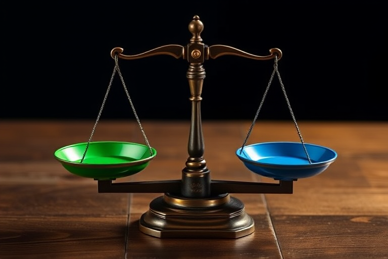 Create a high-resolution image of a traditional balance scale with one side colored green and the other blue, using a DSLR camera with a 50mm lens, f/1.8 aperture, 1/125s shutter speed, and a focal length of 50mm, shot from a slightly elevated angle to capture depth and detail.