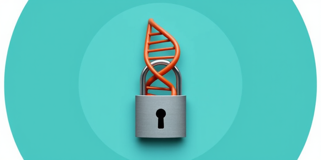 Create a high-resolution image of a stylized DNA double helix above a lock, set against a teal circular background, captured with a DSLR camera at f/8 aperture, ISO 100, 50mm lens, and a slight vignette for depth.