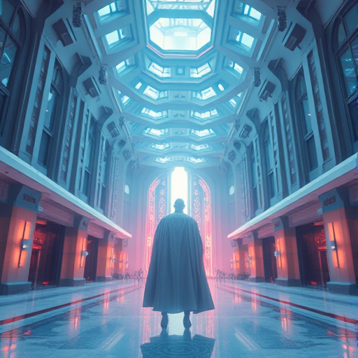 Create a high-resolution digital artwork of a futuristic grand hall with ethereal lighting, featuring a majestic figure at the forefront, deep focus, shot with a Canon EOS R5, 24mm lens, f/1.8 aperture, ISO 100, and soft HDR rendering.