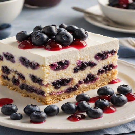 Create an image of a delectable layered dessert featuring multiple layers of creamy filling, blueberries, and a crunchy topping. The dessert should be presented on a decorative plate, showcasing its vibrant colors and textures. Include a few blueberries on top for an extra touch of freshness.