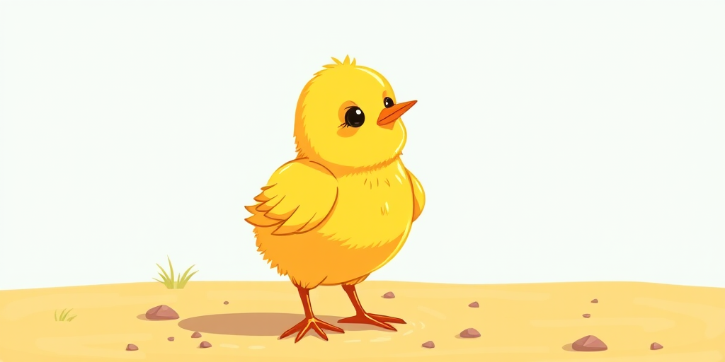 Generate a vibrant cartoon-style illustration of a cute yellow chick standing, with bright colors, high contrast, soft focus, captured with a DSLR camera at f/2.8 aperture, 50mm lens, 1/200s shutter speed, and natural light for a warm glow.