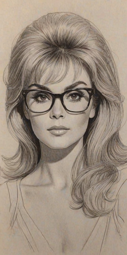 Charming Ann-Margret, pencil sketch, portrait of Exquisite woman 1975s in glasses, hair style beatnik, outline, clear lines, fine lines, 8k