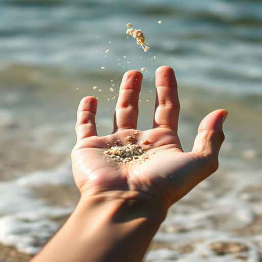 Capture a close-up of a hand gracefully scattering sand by the water, with a wide aperture of f/2.8, shutter speed of 1/500s, ISO 100, using a DSLR camera, in bright daylight with a shallow depth of field to blur the background and emphasize the hand and sand.