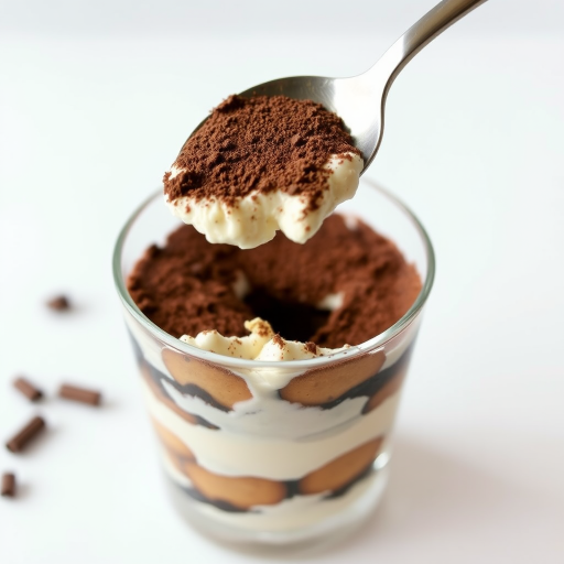 Create an image of a delicious tiramisu dessert in a clear glass. The dessert has layers of creamy mascarpone cheese and coffee-soaked ladyfingers, topped with a dusting of cocoa powder. A spoon is lifting a portion of the dessert, revealing the rich texture and layers inside. The background is minimalistic and light, emphasizing the dessert's appealing appearance.