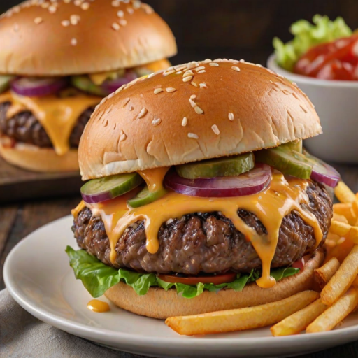 High-resolution, close-up image of a gourmet double cheeseburger. The burger features a glossy, sesame-seed-topped brioche bun. Inside, there are two thick, juicy beef patties, each topped with melted cheddar cheese. The burger is garnished with fresh lettuce, tomato slices, diced onions, and pickles. A generous amount of ketchup and a creamy, orange-colored sauce is dripping down the sides, adding to the mouth-watering appeal. In the background, there are blurred elements including a side of golden French fries and a hint of a beverage, enhancing the overall presentation of a delicious meal.