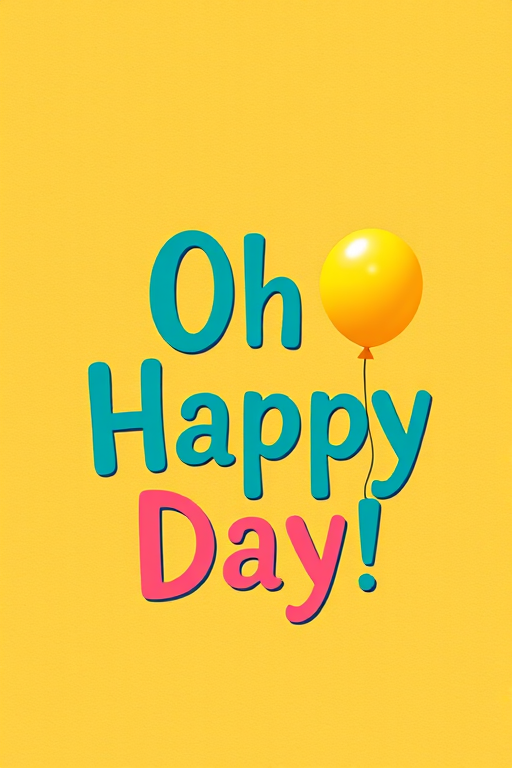 Create a cheerful design featuring the phrase "Oh Happy Day" in a playful font with a balloon, set against a warm textured background, with a 50mm lens, f/2.8 aperture, ISO 100, soft lighting and a shallow depth of field for enhanced image quality.
