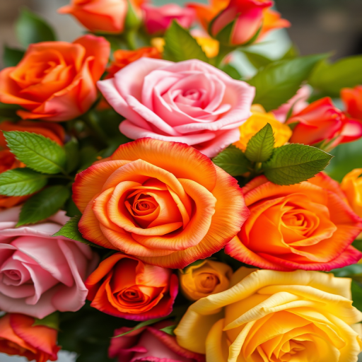 Create a vibrant bouquet of various roses including pink, orange, and yellow with lush green leaves, in high resolution, shot with a Canon EOS 5D Mark IV at f/4, 1/200 sec, ISO 100, using a macro lens for detailed close-up and soft focus background effect.