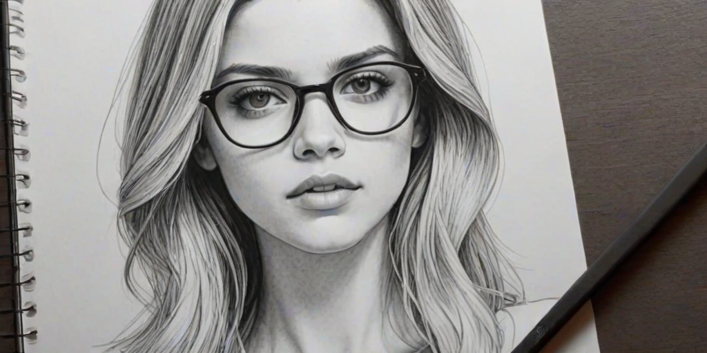Enchanting Nicola Peltz, pencil sketch, portrait of Attractive woman 1969s in glasses, hair style beatnik, outline, clear lines, fine lines, 8k