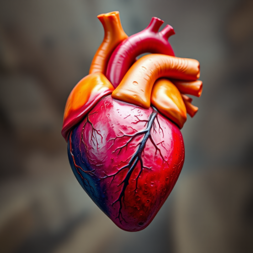 create a highly detailed illustration of a human heart with vivid colors, using a 50mm lens, f/1.8 aperture for soft background blur, shot in natural light, with a focus on anatomical accuracy, emphasizing texture and depth.