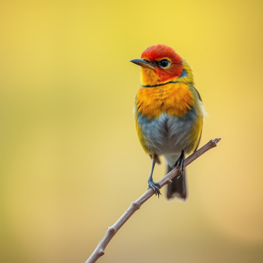 capture a vibrant bird perched on a slender branch with a soft blurred background in warm yellow tones, using a Canon EOS R5 with a 100mm f/2.8L macro lens, aperture set to f/4 for depth of field, ISO 200 for clarity, and a shutter speed of 1/500s to freeze motion, in natural light for enhanced color saturation and detail