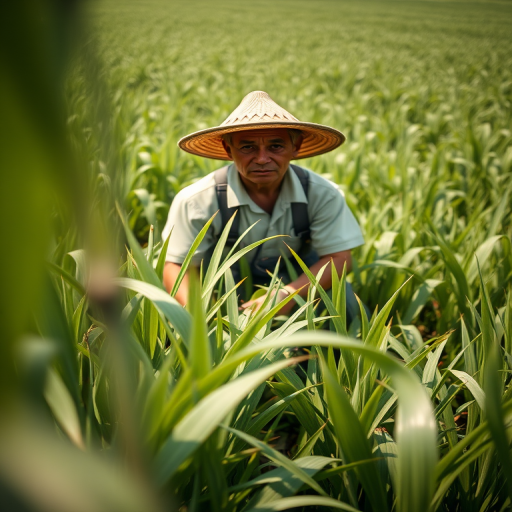 Wide-angle shot of a farmer in a straw hat working in a lush green field, using a DSLR camera with a 24mm lens, aperture f/8, ISO 200, natural lighting, focus on foreground foliage and shallow depth of field.