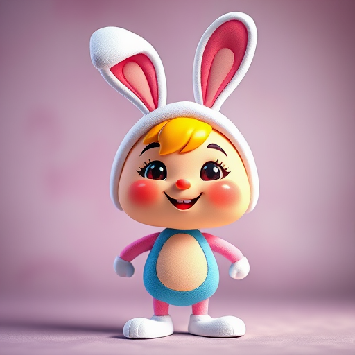 Create a colorful cartoon character with a friendly expression wearing a bunny hat, standing in a playful pose, captured with a DSLR camera at f/2.8, 50mm lens, using a soft focus style for a vibrant and cheerful look.