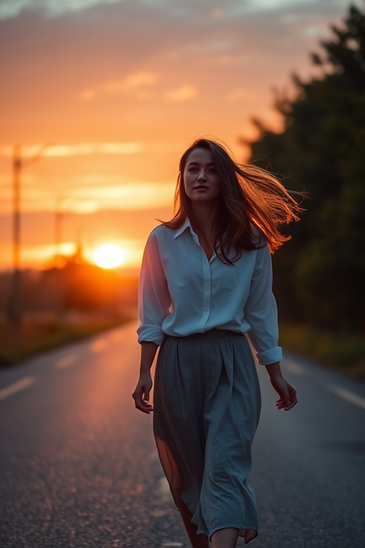A young woman walking down a road during sunset, wearing a white shirt and a skirt, with flowing hair; camera settings: f/8, ISO 100, 1/200 sec; camera view: wide-angle; camera style: vibrant and cinematic; camera type: DSLR.