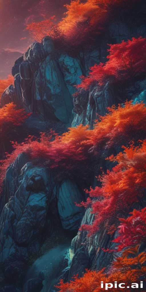 Vibrant Autumn Landscape with Fiery Red and Orange Foliage on Rocky Terrain