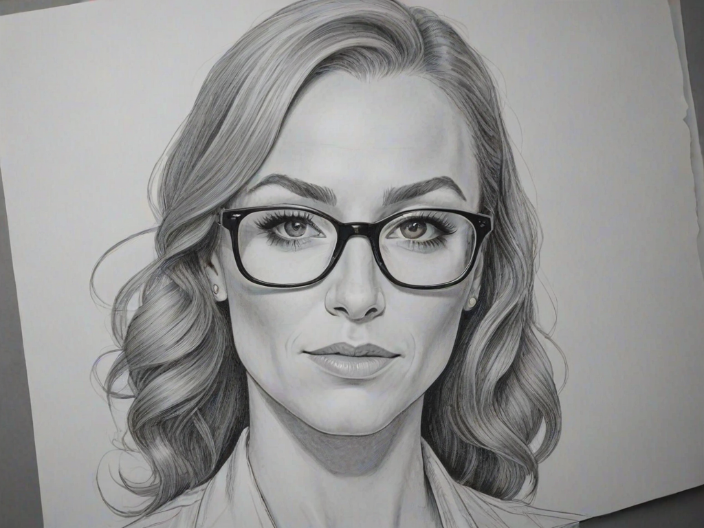 Wonderful Becky Lynch, pencil sketch, portrait of Sublime woman 1943s in glasses, hair style beatnik, outline, clear lines, fine lines, 8k