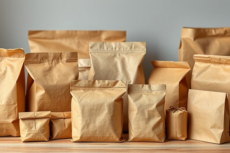 Create an image of various brown paper bags and packages, highlighting their shapes and sizes, photographed using a DSLR camera with a 50mm lens, f/1.8 aperture, ISO 200, under soft lighting, with a shallow depth of field to emphasize textures and details.