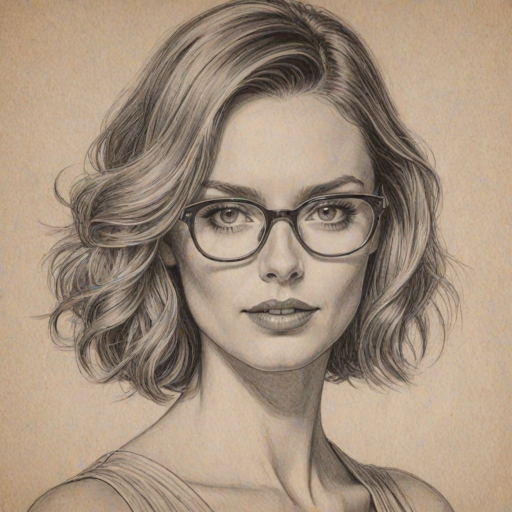 Ravishing April Bowlby, pencil sketch, portrait of Gorgeous woman 1926s in glasses, hair style beatnik, outline, clear lines, fine lines, 8k
