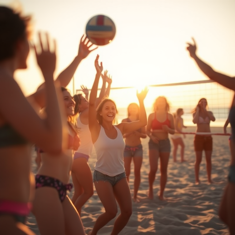 Blurry action shot of a group of friends cheering while playing beach volleyball, soft golden sunlight illuminating the sand, with excitement and laughter in the air.