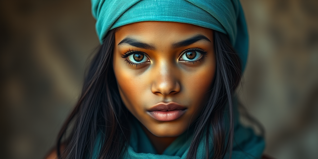 Create a portrait of a young Tahitian woman with long, dark hair and captivating hazel eyes. She is wearing a cyan headscarf and a matching scarf draped gracefully around her neck. The background is softly blurred, focusing attention on her serene and natural expression. The overall color palette is muted and warm, enhancing the intimate and authentic feel of the portrait.