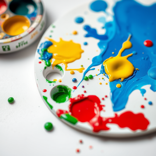 Create an image of a painter's palette with vibrant splashes of blue, yellow, green, and red paint, captured with a DSLR camera, 50mm lens, f/2.8 aperture, ISO 100, in a soft natural light setting, ensuring a clean white background for emphasis on the colors.