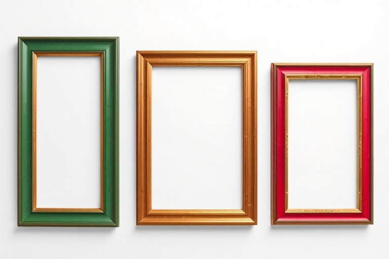 three empty picture frames in green, brown, and red wood with gold trim on a plain white background, 50mm lens, f/2.8 aperture, ISO 100, top-down view, studio lighting, digital camera.