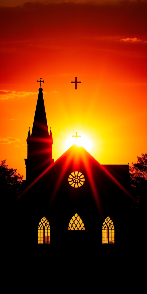 Create a silhouette of a church with illuminated windows against a vibrant sunset background, featuring a dramatic sunburst effect, captured in high dynamic range with a Nikon D850, f/11 aperture, 1/250 sec shutter speed, and ISO 100, with a wide-angle lens perspective.