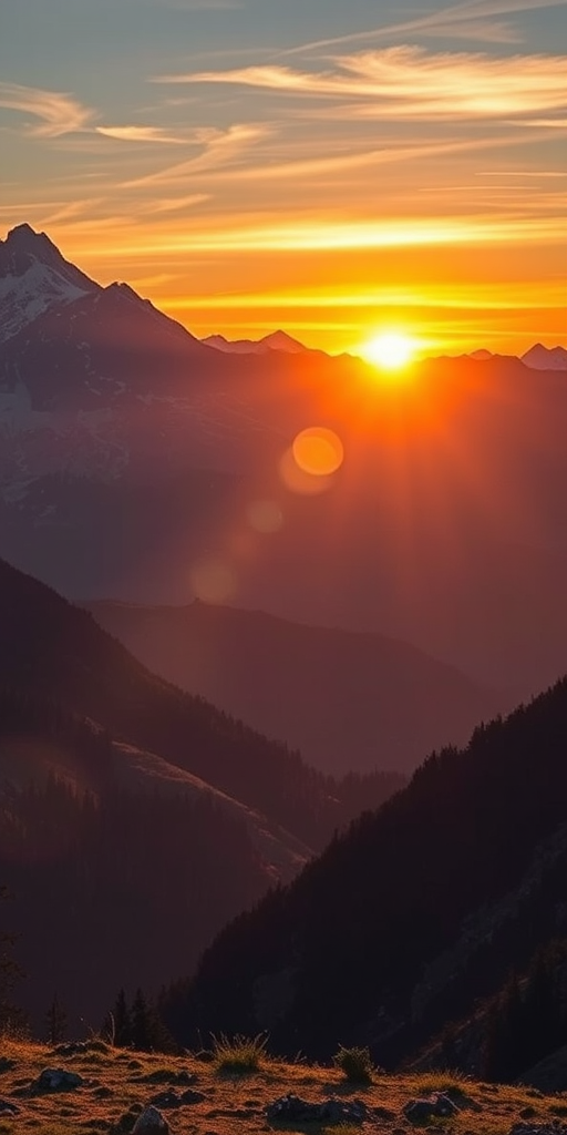 Generate an image of a serene mountain landscape during sunrise, using a Nikon D850 with a 24-70mm lens, aperture set to f/8, ISO 100, at a 35mm focal length, HDR photography style, capturing vibrant colors and details in both shadows and highlights.