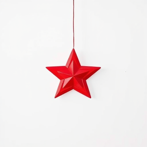 Create a high-resolution image of a red hanging star decoration on a white background, using a DSLR camera with a 50mm lens, aperture set to f/2.8, ISO 100, captured from a slightly elevated angle for a clean and clear view with soft shadows.