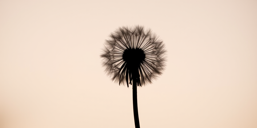 Create a minimalist black silhouette of a dandelion blowing in the wind, captured with a DSLR camera at f/2.8, ISO 100, 1/500s, using a macro lens in a daylight setting for sharp details and rich contrast.