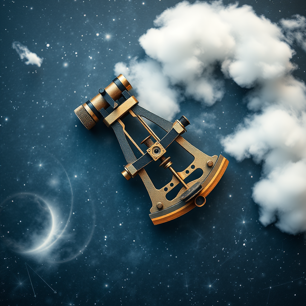 Create a high-resolution image of a vintage sextant on a textured cosmic background with soft clouds, using a DSLR camera at f/2.8 aperture, 50mm focal length, ISO 100, shot from a top-down angle with natural light to enhance detail and clarity.