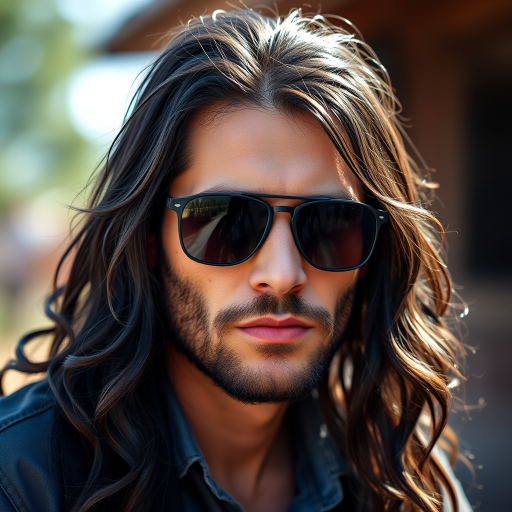 Create a high-resolution portrait of a man with long dark hair and sunglasses, resembling a rugged character, captured with a Canon EOS 5D Mark IV, 50mm lens, aperture f/1.8, ISO 100, in natural light, with a soft focus and vibrant color palette.