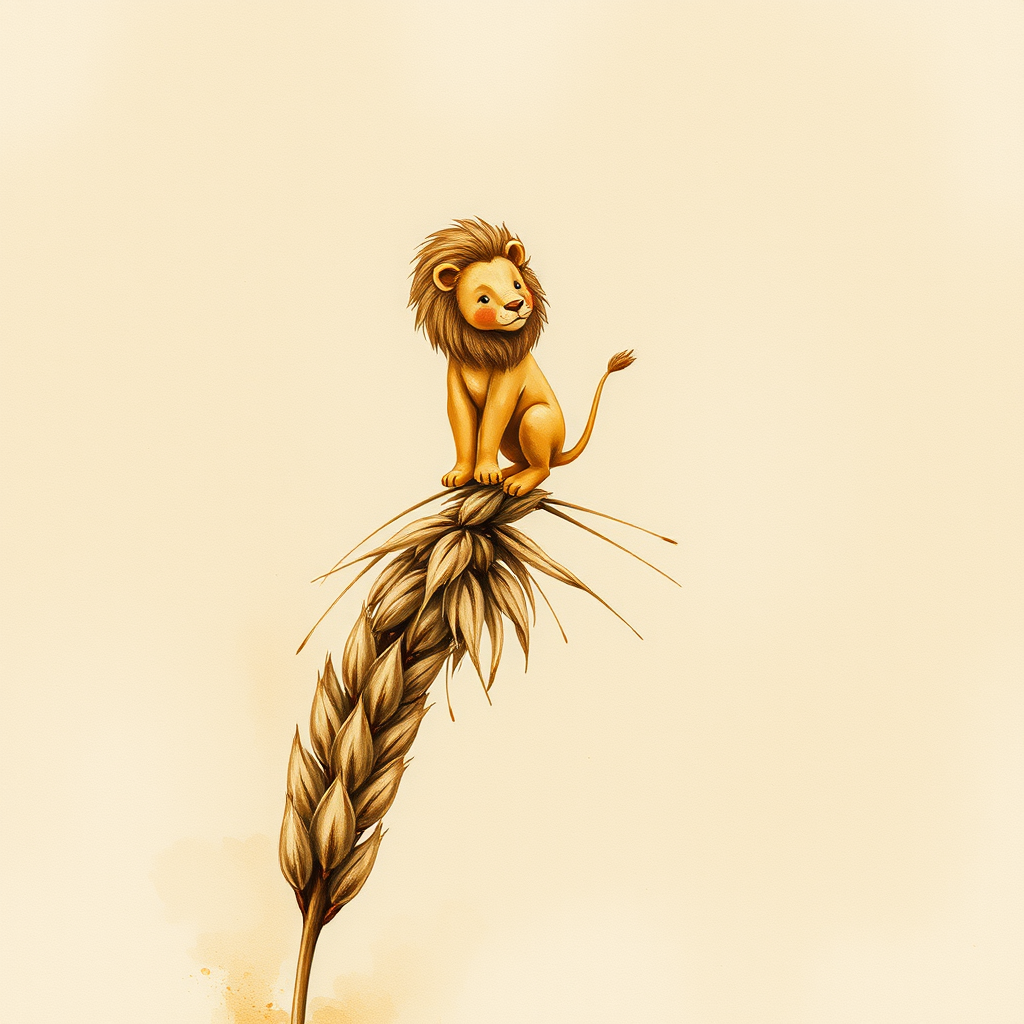 Soft, muted Alcohol Ink with ebru effect background image of tiny whimsical lion, who climbed high on the top of a golden rye ear.