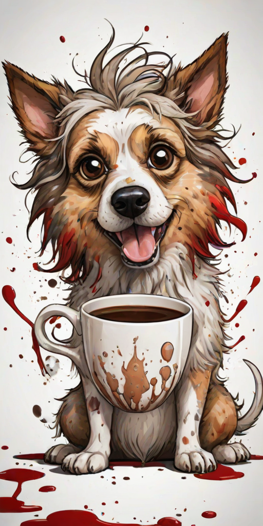A quirky, artistic illustration of a disheveled bagle hound dog breed with exaggerated, large eyes and spiky fur, holding a coffee mug that reads "Good Morning". The dog has a tired but humorous expression, with ink splatters and abstract details surrounding it, giving a whimsical feel to the image. The color palette is mostly monochrome with hints of red in the eyes and steam rising from the mug, enhancing the overall sleepy vibe