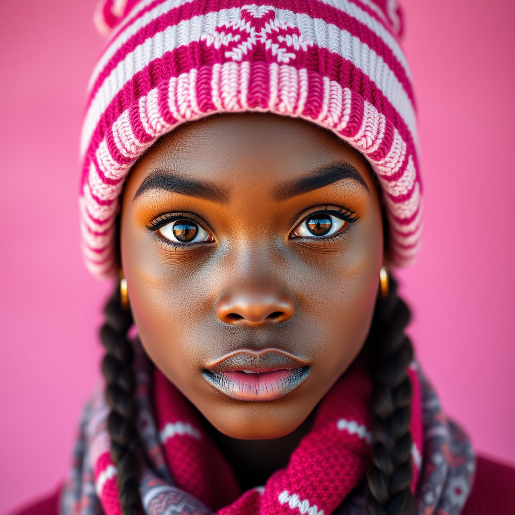 Create a vibrant digital portrait of a young woman with dark skin, large expressive brown eyes, and stylish braided hair, wearing a pink and white striped beanie with a snowflake design, a matching scarf wrapped around her neck, and a colorful pink background, shot with a Canon EOS R5, 50mm lens, f/1.8, ISO 100, natural lighting to enhance colors and details.