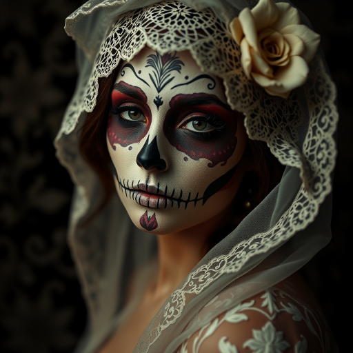 Create a highly detailed portrait of a woman with a sugar skull makeup, wearing a delicate lace veil, surrounded by intricate floral patterns in a dark background, using a DSLR camera, 50mm lens, f/1.8 aperture, ISO 100, shot in low light, with a soft focus effect to enhance the atmosphere.