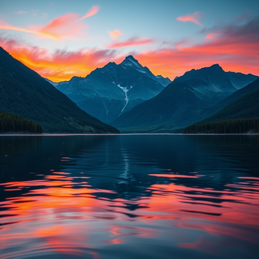 Create a high-resolution image of a picturesque landscape featuring mountains and a lake during sunset with vibrant colors, using a Canon EOS 5D Mark IV camera, 24mm lens, aperture f/8, ISO 100, and a shutter speed of 1/250 seconds, shot from a low angle to capture reflections on the water with a soft depth of field.