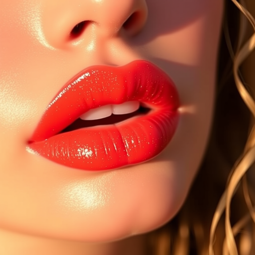 Vibrant coral sunset lips with shimmering gold flecks, called "Tropical Twilight," feature a glossy finish and subtle ombré effect, perfect for summer evenings and beach parties