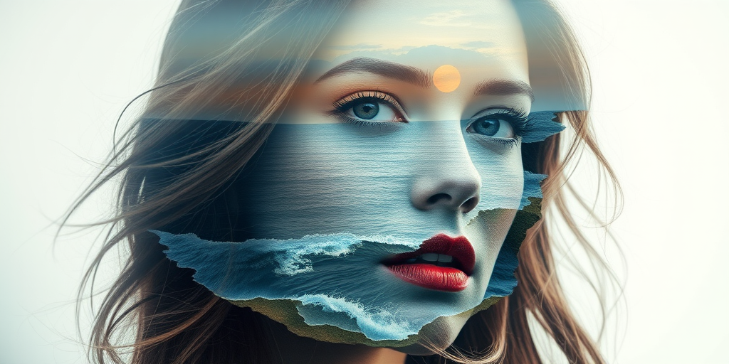 imagine Book cover, A surreal double exposure portrait that blends a woman's face with a beautiful seascape. The overall mood is dreamy and mystical, with rich colors and intricate details