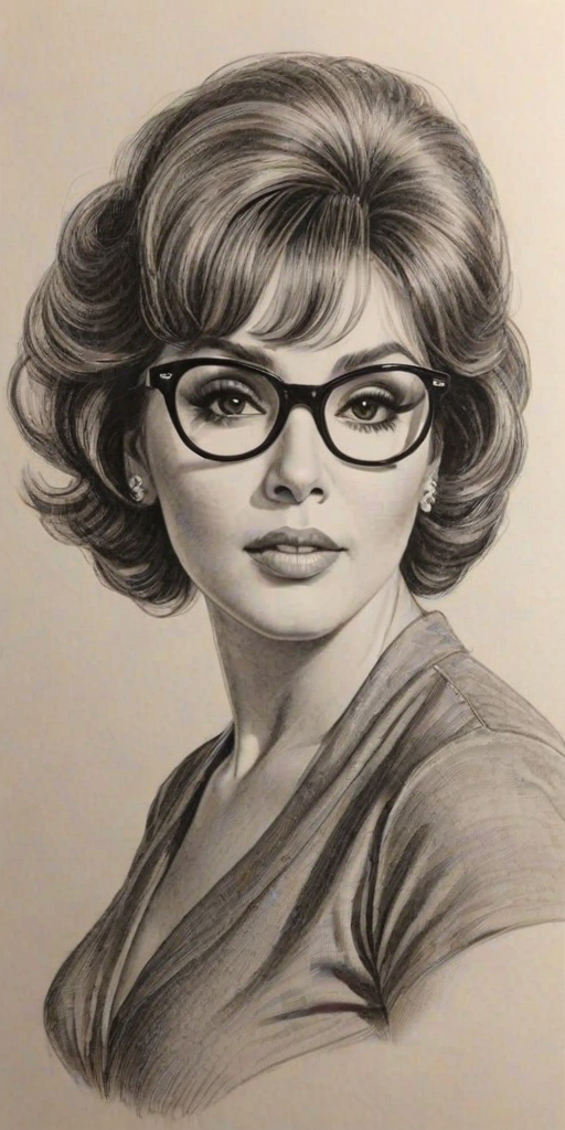 Attractive Gina Lollobrigida, pencil sketch, portrait of Captivating woman 1970s in glasses, hair style beatnik, outline, clear lines, fine lines, 8k