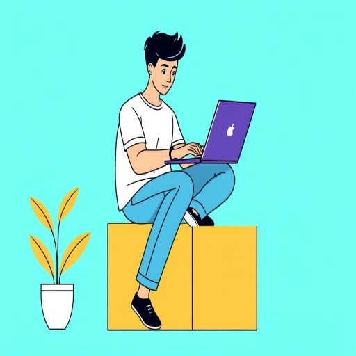 Illustrate a person sitting on a cube working on a laptop, modern flat design, bright turquoise background, use a DSLR camera with a 50mm lens, aperture f/1.8, ISO 100, soft natural lighting, straight-on view for clarity.