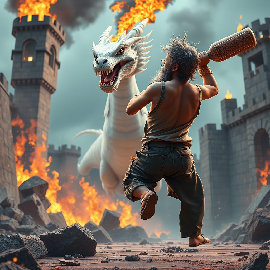 Cartoon 3D High-Resolution,dynamic battle scene using Unreal Engine 5 and Octane Render. The scene features back of an elderly, thai man with a beard,messy hair and round golden-rimmed glasses. He is wearing a tattered tank top with soot marks, shorts, and sandals. sweating. he wields a baseball bat. He jump to fight with a white fire-breathing Europe dragon amidst a partially destroyed stone castle. Include intense flames, smoke, and debris to enhance the dramatic effect.