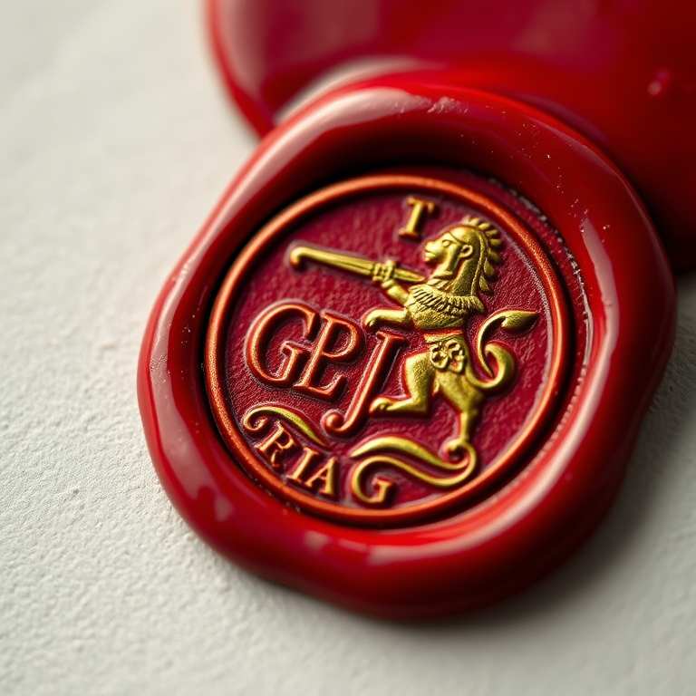 high-resolution close-up of a red wax seal with a gold embossed coat of arms featuring a knight and initials G and J, captured with a DSLR camera using a 50mm lens at f/2.8, ISO 100, and 1/200 sec shutter speed, natural light with a soft focus background