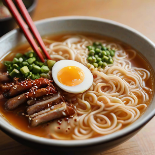 Close-up of a steaming bowl of ramen on a wooden table, soft natural light from a nearby window illuminating the rich broth and toppings, with chopsticks resting on the edge of the bowl.