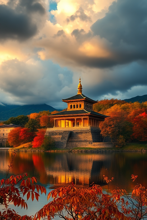 A majestic ancient temple by a serene lake surrounded by vibrant autumn foliage under dramatic clouds, captured with a Canon EOS R5, 24mm lens, f/8 aperture, 1/100 sec exposure, ISO 200, soft focus with a golden hour glow for enhanced atmosphere.