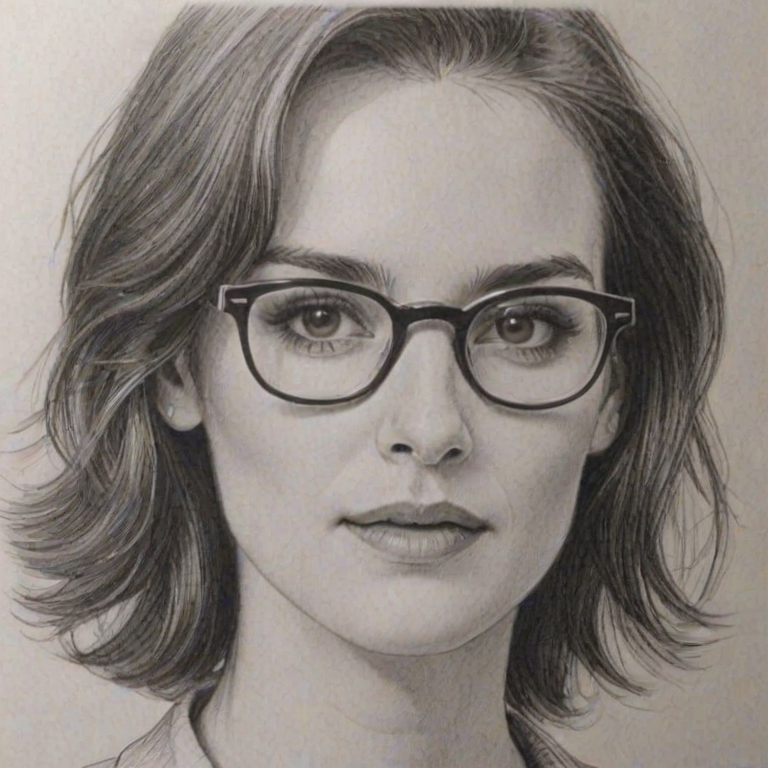 Charming Winona Ryder, pencil sketch, portrait of Lovely woman 1978s in glasses, hair style beatnik, outline, clear lines, fine lines, 8k