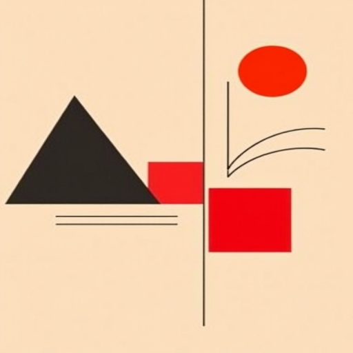 Generate an abstract geometric design featuring a black triangle, a red square, a yellow circle, and playful lines against a beige background, captured with a DSLR camera at f/8, 50mm lens, natural lighting, in a flat lay style for enhanced clarity and detail.