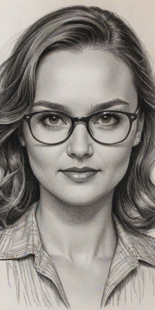 Magnificent Rachael Leigh Cook, pencil sketch, portrait of Pleasing woman 1939s in glasses, hair style beatnik, outline, clear lines, fine lines, 8k