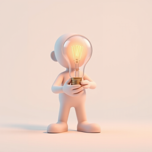 3D character holding a light bulb in a bright, minimalistic setting, taken with a Canon EOS R5, 50mm lens, f/2.8 aperture, ISO 100, 1/200 sec shutter speed, soft studio lighting.