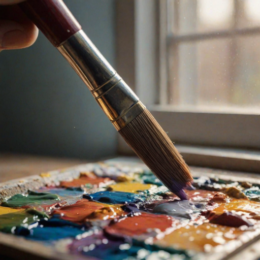 Sharp, detailed close-up of an artist's paintbrush dipping into a palette of vibrant colors, soft light from a nearby window illuminating the tiny bristles, the smell of fresh paint and creativity in the air.